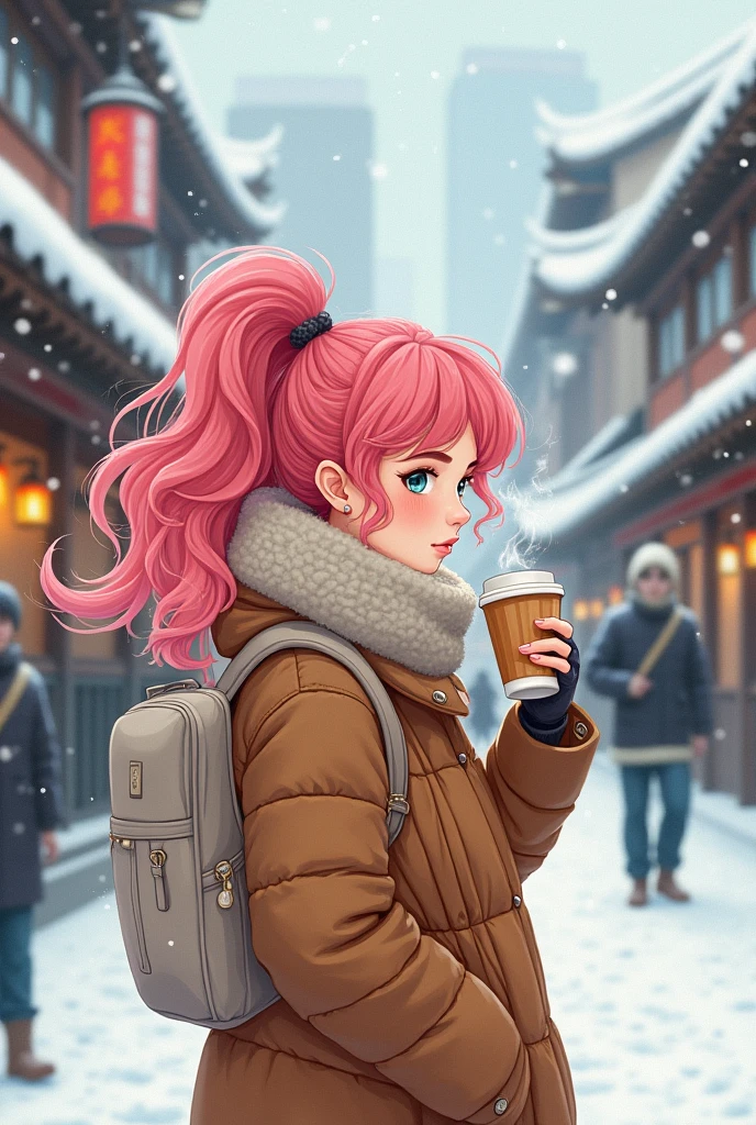 Drawing of a girl with pink curly hair, dressed in winter clothes, Having coffee on the streets of Seoul, falling snow. 