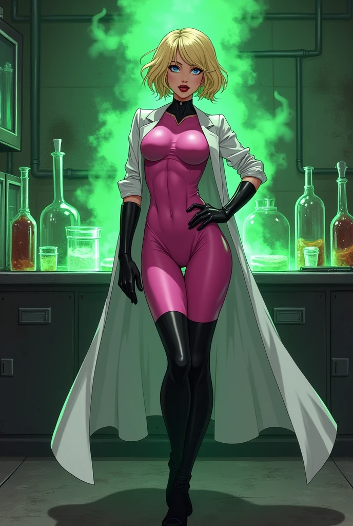 Anime style, Sultry and Beautiful young woman with a soul of pure evil and hatred. Short blonde hair that covers her left eye and blue eyed supervillain dressed in a sleek skintight pink bodysuit, long black gloves and black calf high boots. A long white lab coat over her bodysuit competes the look. She is posing and emanating green energy. She has a smile crossing her thin red lips. The setting is a dirty laboratory with a captured costumed hero in a cage. She is creating poisons in a lab.