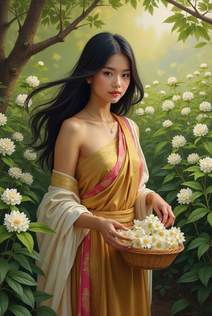 full lenght 4 k in the middle of a jasmine garden. A beautiful young woman, sweet and gentle, with long black hair flowing smoothly, wearing a Thai Dusit dress in golden brown, a gold and white sarong with pink highlights, and a white and gold shawl over her shoulders. She is picking jasmine flowers into a small basket. The morning atmosphere is beautiful. The freshness of the green atmosphere of the jasmine section. Oil painting, modern painting, art painting by Ajarn Chalermchai.