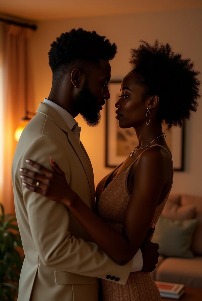 Jeune couple afro haïtienne dans une balle de salon. Habits sophistiqués, classe. Regard complisse, cadre lumière tamisée, sensuel
