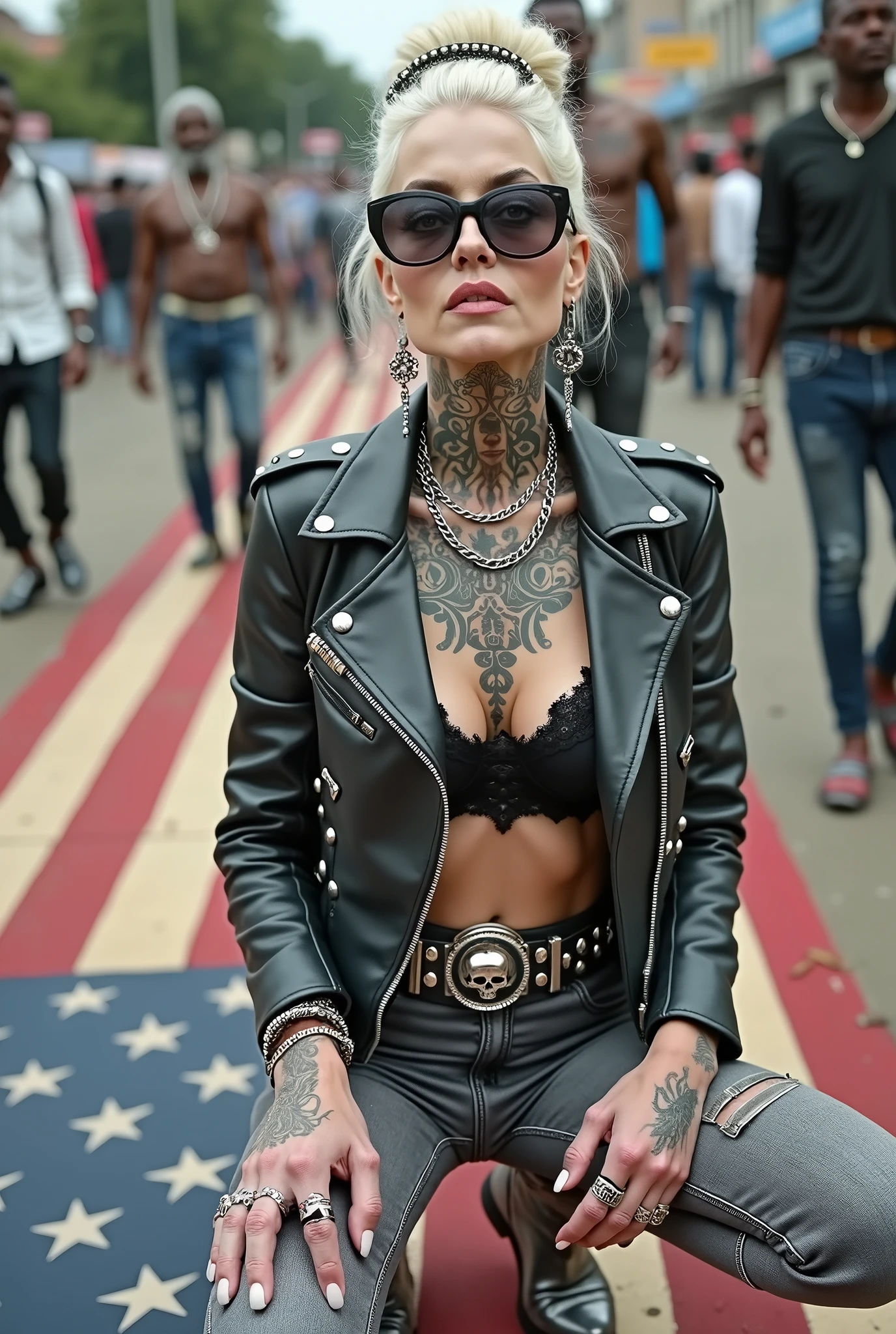 Anglosaxon old milf woman, , blonde platinum hair (beehive bun, black parsley headband), with very light green eyes, extremely pale. Wearing oversized square black maxisunglasses Wearing studded cropped black moto jacket (verical zippers on the sides). Black lace push up bra, dark grey skinny, tight low rise jeans (holes in knees). Silver Chelsea boots with cuban heels. Lots of thick wide studded bracelets, chain collars and big rings. Tacky wide studded leather belt, with big skull and bones round buckle. Long earrings with chains. Squatting on a large ragged, dirty usa flag, looking at the photographer. Craving heavily. Hands on knees. Waste and trash all over the floor. Her studded leather bag, thron away. Looking at the camera, chin up. Toned abdominals, thin neck, slim legs and thin arms. Neck, chest, belly, hands and arms completely tattoed. Street of Nairobi, crowded with shirtless men in jeans