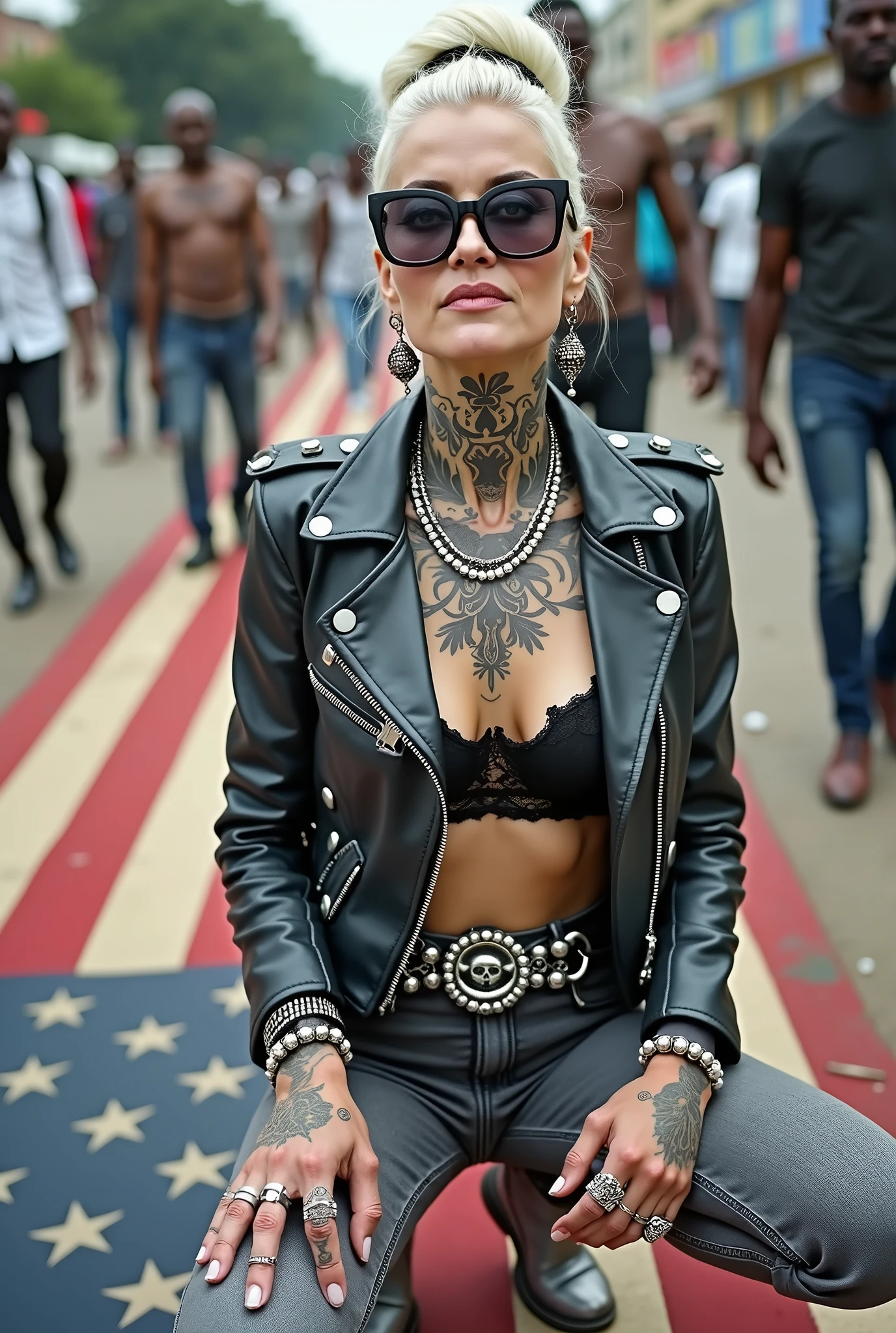 Anglosaxon old milf woman, , blonde platinum hair (beehive bun, black parsley headband), with very light green eyes, extremely pale. Wearing oversized square black maxisunglasses Wearing studded cropped black moto jacket (verical zippers on the sides). Black lace push up bra, dark grey skinny, tight low rise jeans (holes in knees). Silver Chelsea boots with cuban heels. Lots of thick wide studded bracelets, chain collars and big rings. Tacky wide studded leather belt, with big skull and bones round buckle. Long earrings with chains. Squatting on a large ragged, dirty usa flag, looking at the photographer. Craving heavily. Hands on knees. Waste and trash all over the floor. Her studded leather bag, thron away. Looking at the camera, chin up. Toned abdominals, thin neck, slim legs and thin arms. Neck, chest, belly, hands and arms completely tattoed. Street of Nairobi, crowded with shirtless men in jeans