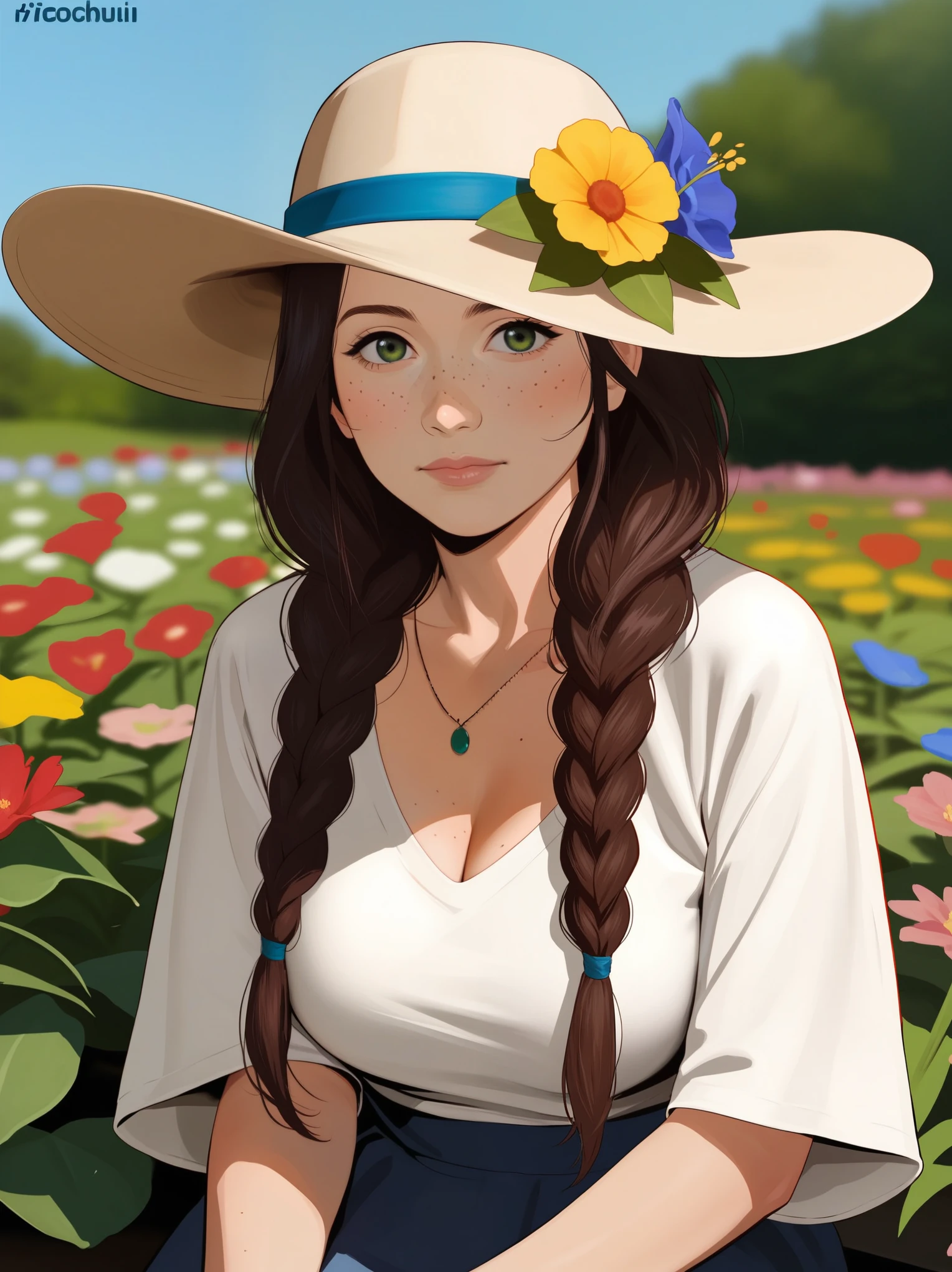 score_9, score_8_up, score_7_up, BREAK, rating_safe, zy_mirabel, 1girl, long hair, hat, flower, braid, freckles, hat flower, twin braids, large breasts, green eyes, sit, garden, realistic, photo, real hair, detailed skin, highly detailed, detailed skin, depth of field, film grain,animation, ikuchan