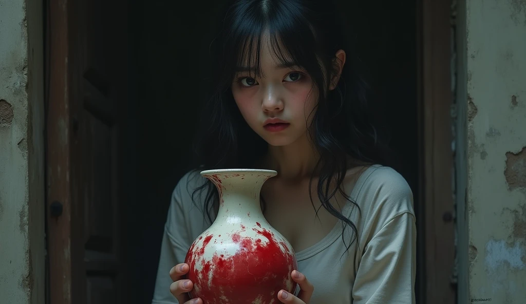 A young woman looking worried and staring into space, with determined expression, holding a blood stained vase, with a dark and gloomy background, atmosphere of fear and horror