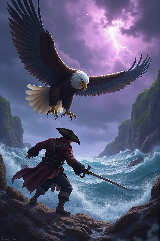 A purple and black eagle attacking a pirate with the rough sea and dark sky with lightning and thunder