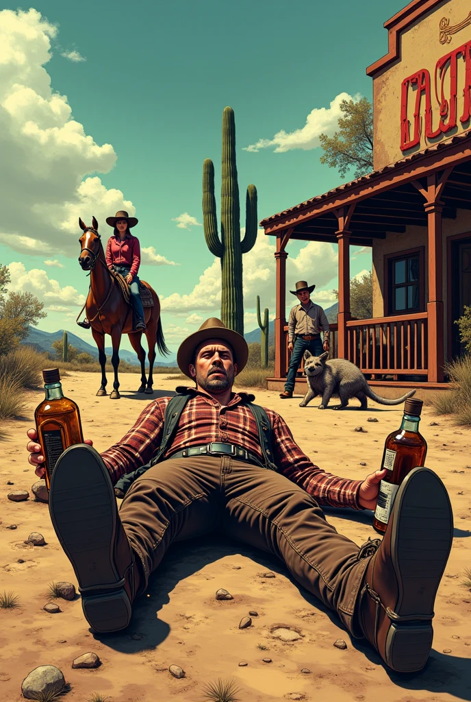 A drunk cowboy with two large bottles of liquor in his hands lying on a hyper-realistic comic wild west look, a cactus on the ground in the background, a cantina in the distance, a cowgirl woman helping him next to a horse, a dog, an armadillo