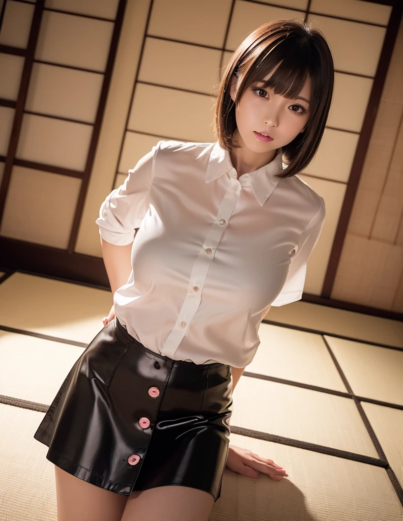 ((Japanese Idols)) ((Plump and glossy lips)) Big Breasts ((Short brown hair with bangs)) ((Looking into the camera)) Sit with your legs apart ((White button shirt and black enamel tight skirt)) Low angle shot of a person standing facing forward Looking down ((A bedroom with shoji screens and tatami tatami lit up with pink neon lights))