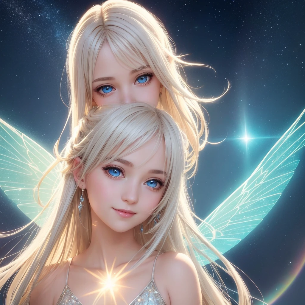 "Create an extreme close-up portrait of a Luminous Fairy. The focus should be on her radiant face, with flowing golden or white hair framing her features. Her eyes are bright and shining, radiating warmth and compassion. Her expression is warm and nurturing, with a gentle, reassuring smile and eyes that convey a deep sense of kindness. Her shimmering, prism-like wings can be subtly visible in the background, adding a touch of celestial glow to the image. The background should be softly blurred to keep the emphasis on her divine and heavenly aura."