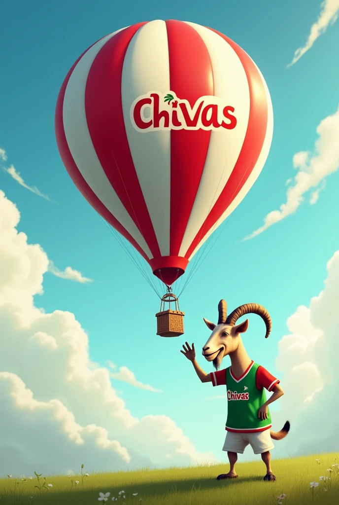 hot air balloon with the name Chivas and to one side a goat with clothes from the Chivas de Guadalajara soccer team
