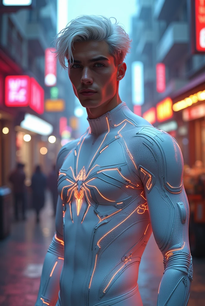Sure! Here’s a revised description featuring an elegant young man while maintaining a similar level of quality and detail:
"In a striking cyberpunk metropolis, a vivid portrait captures the young man as a stunning bionic figure, confidently posing for the camera in a bustling future marketplace. He wears a sleek white Spider-Man uniform that hugs his form, accentuating his powerful stature while showcasing his intricately designed bionic enhancements—glowing circuitry visible beneath the elastic fabric, pulsing rhythmically with the neon lights surrounding him. His skin, fair and luminous, glows under the kaleidoscope of colorful holographic displays advertising futuristic products and services, creating an electrifying backdrop that enhances his presence.
His hair, a cascade of silver locks, flows elegantly around his face, beautifully framing his chiseled features as he gazes directly into the lens, his synthetic eyes radiating confidence and allure, embodying both strength and sophistication. The air is charged with the sounds of lively conversations and the whir of drones delivering goods, but in this moment, he commands the scene—a captivating figure amid the vibrant chaos. A digital projection of upcoming tech innovations glimmers beside him, showcasing art and messages of social change that resonate deeply with his powerful presence.
(Radiant neon lighting, deep contrasts, and sharp details), 160-color support, filmed on ARRI ALEXA 65, creating an immersive experience that feels both surreal and breathtakingly real. Shot by Don McCullin, this image connects his striking bionic features with the heart of a futuristic world, capturing a moment that’s as enchanting as it is transformative."
beauty, cyberpunk, bionic, futuristic, Spider-Man, model, elegance, urban, glamour, fashion, stunning, radiant, neon, confident, striking, innovative, artistic, technological, sophisticated, captivating, immersive, gritty, cultural, portrait, beauty photography, professi