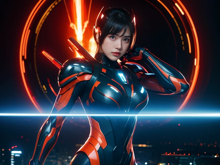 Photograph the whole body、(RAW Photos, Highest quality), (Realistic, Realistic:1.3), 1 person、Realisticbody、Orange combat costume、Meteor warrior flying from space、octopusエイリアンと戦う、octopus、Shield Reflecting Laser、smile、