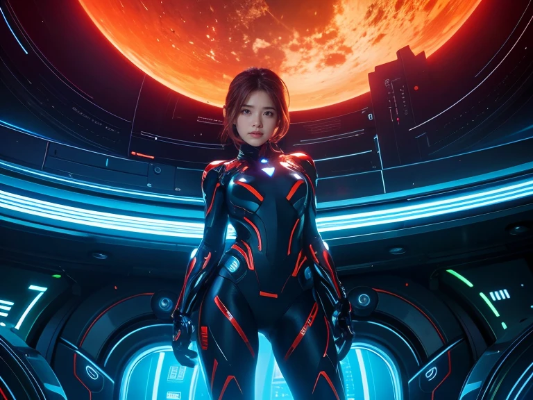 Photograph the whole body、(RAW Photos, Highest quality), (Realistic, Realistic:1.3), 1 person、Realisticbody、Orange combat costume、Meteor warrior flying from space、octopusエイリアンと戦う、octopus、Shield Reflecting Laser、smile、