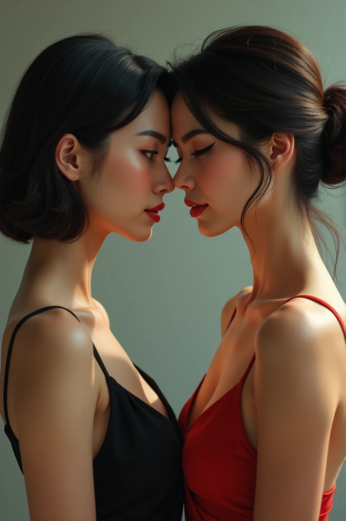 Samarian woman with short black hair that falls to her shoulders, Korean features next to a Bogota woman with long eyebrows and eyelashes with a bun