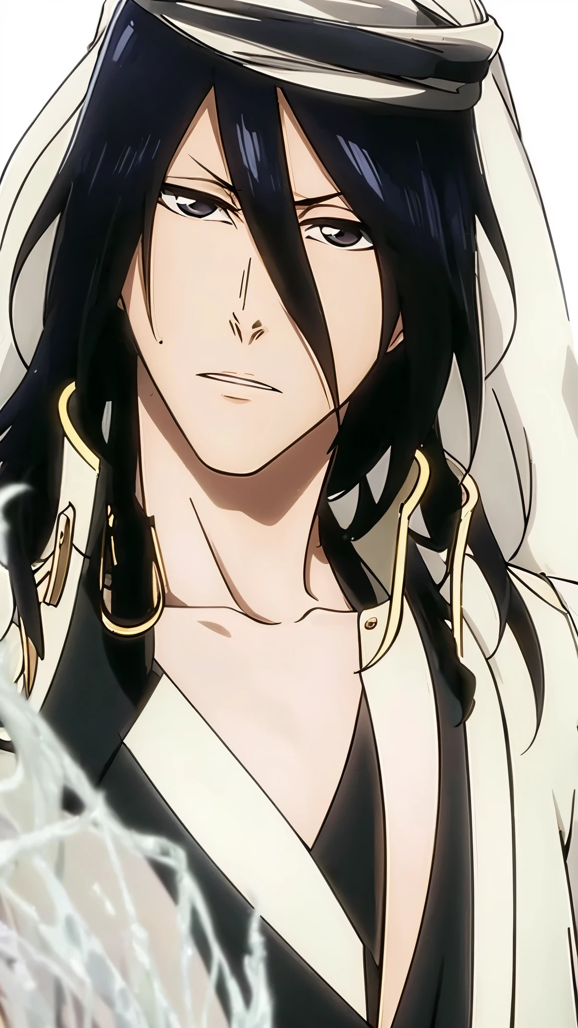 Byakuya Kuchiki from Bleach, handsome, male, black hair, medium-long hair, veil on head(kufiya), face detailed, perfect eyes,black clothes, pale skin, ((best quality)), ((master part)), ((detailed)), 16k, HDR, RTX, (masterpiece, aesthetic: 1.3), (1 man), perfect hands, (dynamic pose:1.2), close-up, portrait.