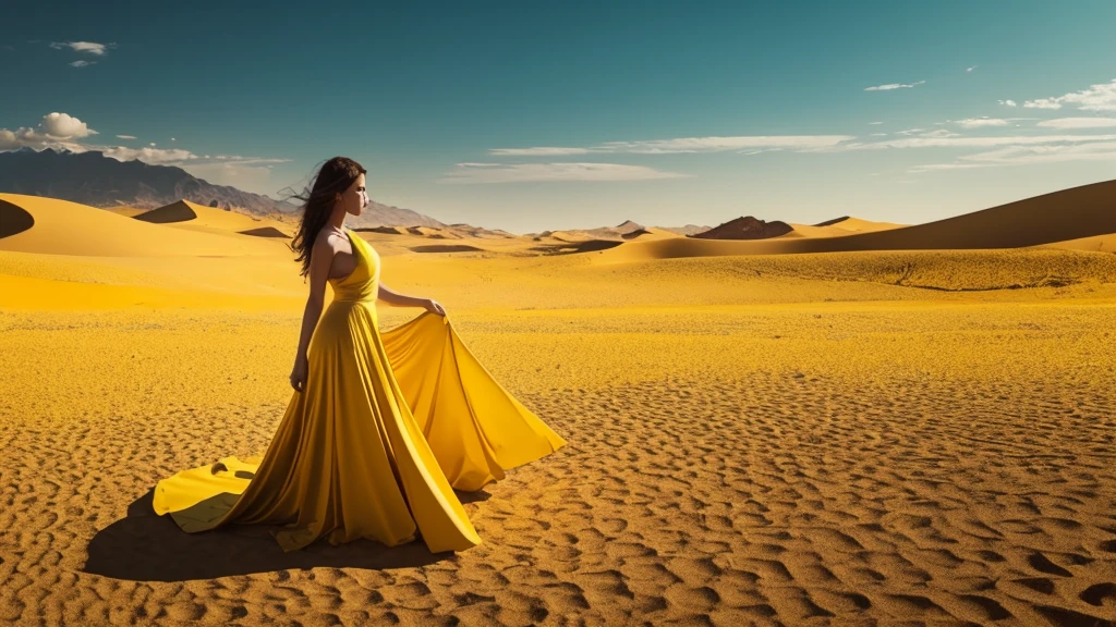 Create an impactful YouTube cover with a background color highlighting yellow. The image should highlight the figure of a woman, with a mysterious look, perhaps in a pose of reflection or determination, in a setting reminiscent of the biblical countryside or desert. The cover should evoke mystery and curiosity, drawing attention to the video content.