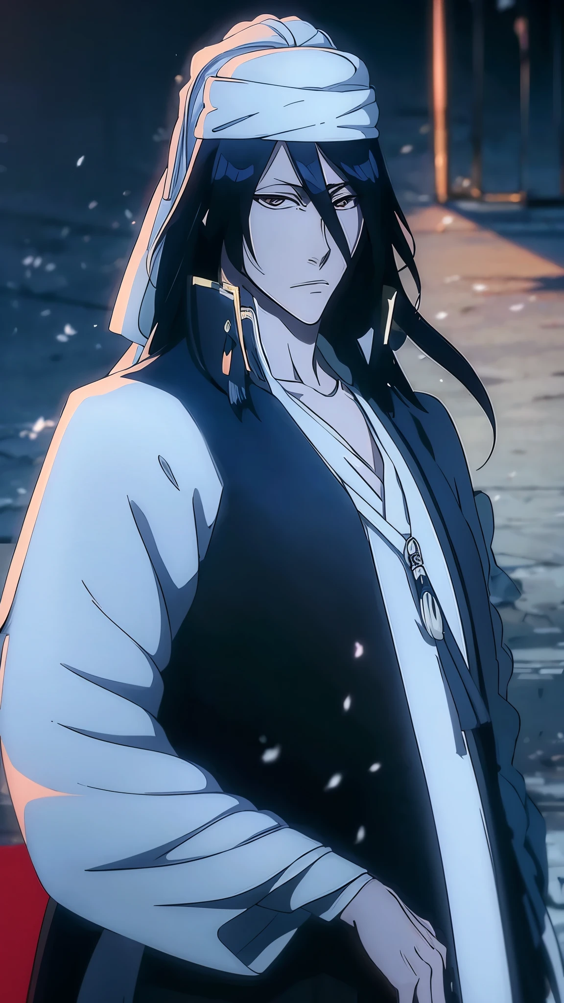 Byakuya Kuchiki from Bleach, handsome, male, black hair, medium-long hair, veil on head(kufiya), face detailed, perfect eyes,black clothes, pale skin, ((best quality)), ((master part)), ((detailed)), 16k, HDR, RTX, (masterpiece, aesthetic: 1.3), (1 man), perfect hands, (dynamic pose:1.2), close-up, portrait.