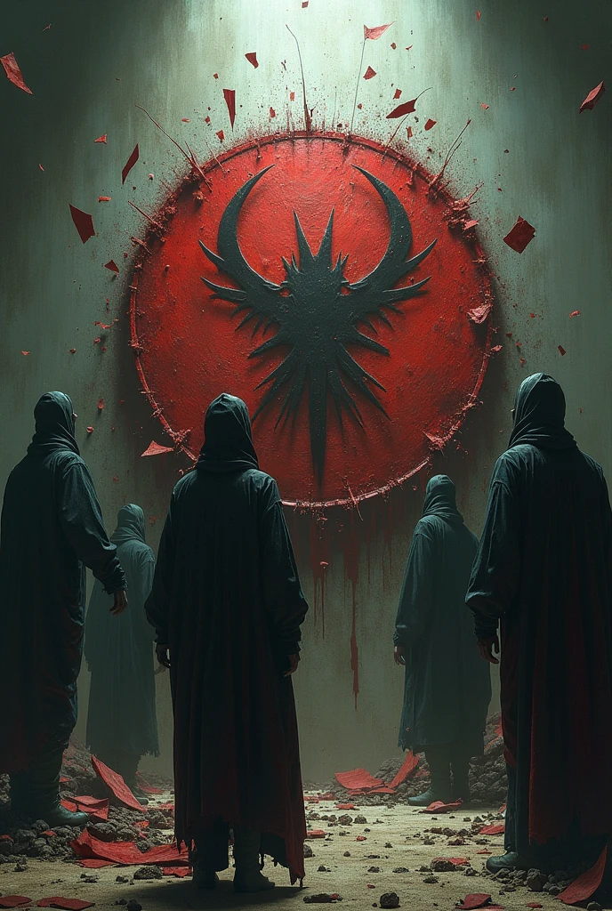 Make a logo Secrets Revealed, a conspiracy theory themed logo destroyed scene, iluminats 
