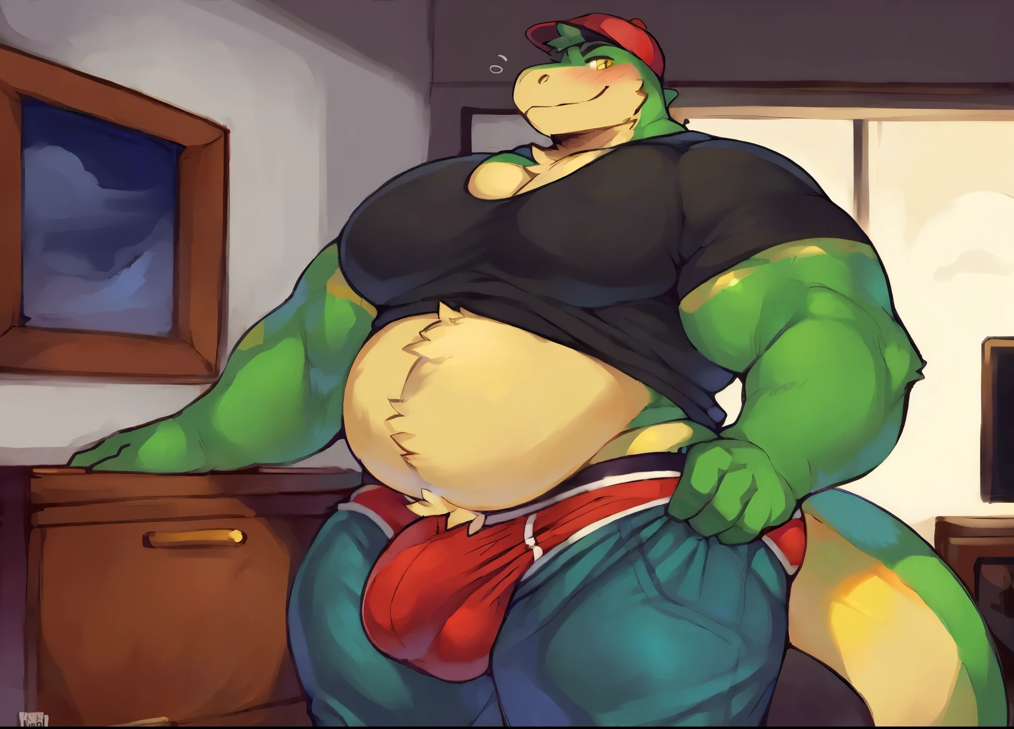 ((Solo)), 1 boy, male, very largest, ((bara)), buff, extremely thickened overweight body, ((((1500 pounds)))), (((massive fluffy belly))), (((massive thighs, massive curves, massive pecs, massive biceps))), ((((black colored)))), ((hunky)) (((lizard))) with, (((lizard snout))):1.3, (((yellow eyes))), wearing backward cap, (((t-shirt))) (((briefs))), ((big bulge, detailed crotch, penis outline base, detailed genitalia, fur on crotch, biggest member, very detailed bulge, scrotum outline)):2, gaming bedroom, ((standing)), (((looking at viewer))), smirk, blush, tail shown, ((nsfw)), by darkgem, by mystikfox61, by juliart15, by woolfpack, by glitter trap boy, by zackary911