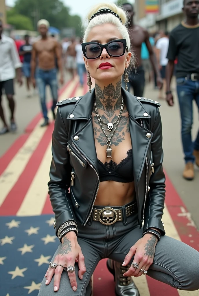 Anglosaxon old milf woman, , blonde platinum hair (beehive bun, black parsley headband), with very light green eyes, extremely pale. Wearing oversized square black maxisunglasses Wearing studded cropped black moto jacket (verical zippers on the sides). Black lace push up bra, dark grey skinny, tight low rise jeans (holes in knees). Silver Chelsea boots with cuban heels. Lots of thick wide studded bracelets, chain collars and big rings. Tacky wide studded leather belt, with big skull and bones round buckle. Long earrings with chains. Squatting on a large ragged, dirty usa flag, looking at the photographer. Craving heavily. Hands on knees. Waste and trash all over the floor. Her studded leather bag, thron away. Looking at the camera, chin up. Toned abdominals, thin neck, slim legs and thin arms. Neck, chest, belly, hands and arms completely tattoed. Street of Nairobi, crowded with shirtless men in jeans