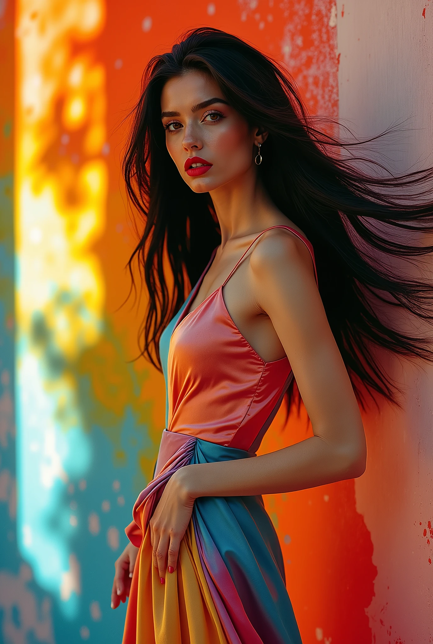 A high fashion magazine cover photo shoot. A model stands elegantly against a vibrant white accented painterly multi coloured background, wearing a colorful, satin gown with, immaculate face-makeup. . The dress features a mix of bold colors and patterns, accentuating the model's silhouette. Her long, dark hair billows dramatically to the side, creating a sense of movement, while her makeup is striking, with bold eye makeup and red lips. She gazes confidently over her shoulder.
--v 6.1 --ar 2:3 --s 250 --c 25 --q 2
--p yilq43q
--sref --sw 35