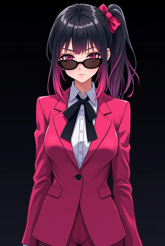 20 years old Anime girl with black and pink hair, wearing pink tuxedo and black shades, black background