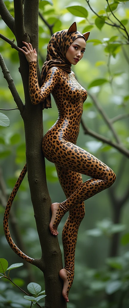 a beautiful and thin Asian and malaysian muslim adult girl with a shiny and beautiful face wears  leopard print lycra turtleneck unitard catsuit covered with stripes with a long tail and always wear leopard print lycra dancewear hijab covered with stripes with leopard ears.She is climbing a tree！
