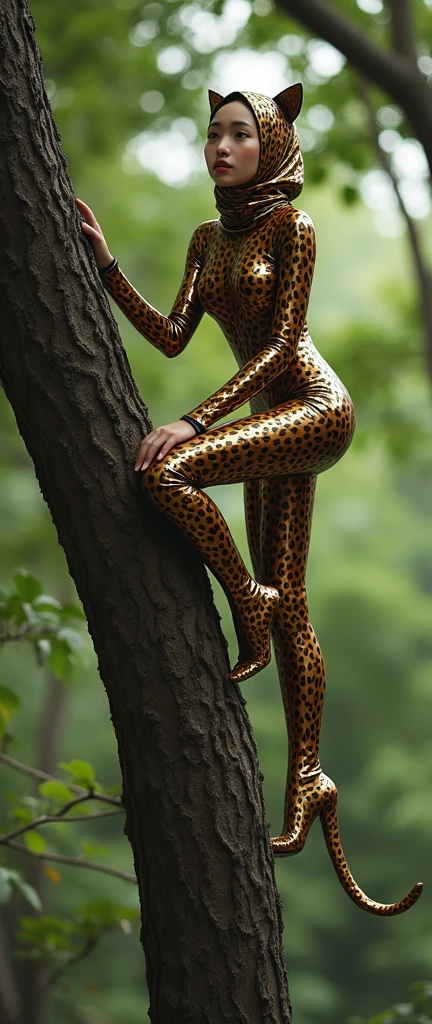 a beautiful and thin Asian and malaysian muslim adult girl with a shiny and beautiful face wears leopard print lycra turtleneck unitard catsuit covered with stripes with a long tail and always wear leopard print lycra dancewear hijab covered with stripes with leopard ears.She is climbing a tree!