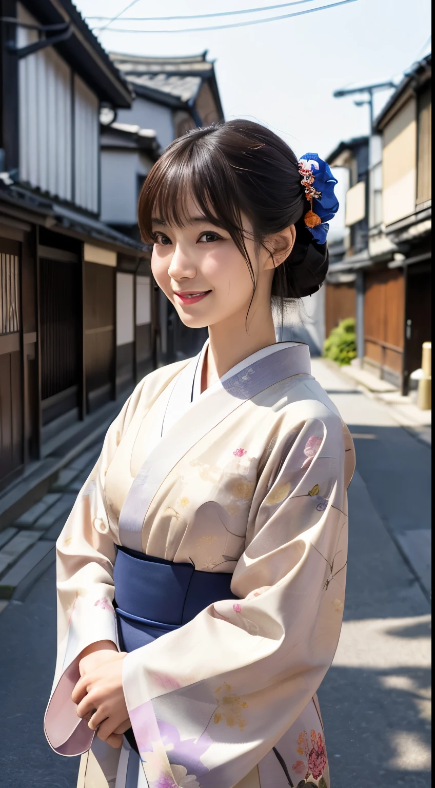 Professional Lighting,(Photorealistic:1.4), (Top image quality:1.0), (超High resolution:1.0), 8k, Raw photography, (masterpiece:0.2), (Facing the children_v1:0.5)、(最高quality Detail:1.2)、Realistic、8k UHD、High resolution、(1 person:1.2)、超detailedな、High quality textures、複雑なdetailed、detailed、Very detailed CG、High quality shadows、detailed 美しく繊細な顔、Beautiful details and a delicate eye、(Symmetrical eyes:1.2),Written boundary depth、Ray Tracing,1 person, Japanese, (Natural smile:1.4),cute, thin, Portrait of a beautiful Japanese woman in a kimono, Standing elegantly on a street corner in Kyoto. Kimono with vibrant traditional patterns, Hair decorated with elegant and delicate hairpins, Gentle expression. (With the old streets of Kyoto in the background:1.4)、The soft light of a spring afternoon、Adding tranquility to the scene. Rendered in a Realistic style with great attention to detail, High resolutionの画像.Sky Porn, Magic Hour, (Realistic:1.3), finely, quality, (Tabletop:1.2), (Realistic:1.2), (最高quality), (複雑なdetailed), dramatic, Ray Tracing, photograph, +roller