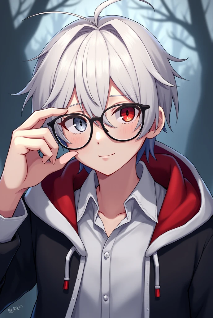 a white short hair character with glasses in a fantasy world, look at you, a little with smile touching his glass gently, kinda handsome, look reliable and trusted, one eye silver and one eye red, the red eye is under his hair, he wear a white shirt with black jacket but it's hood it red and white not wearing it stick to his jacket
