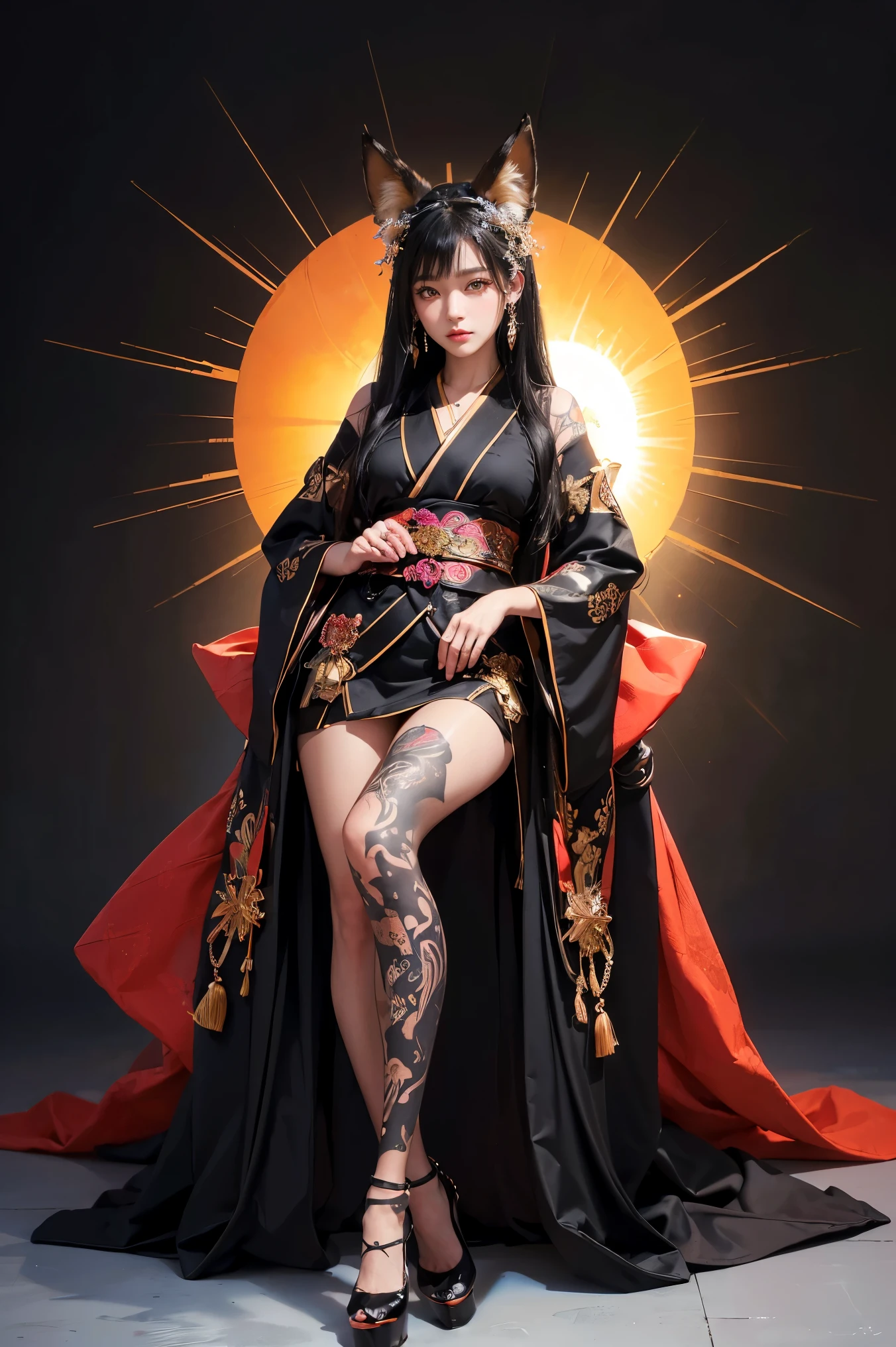 (Absurdly , high quality , Very detailed,View Photographer)、(((Black Super Straight Hair、Fox Ears)))、(((Fox God)))、Gorgeous and elegant Japanese kimonos, beautifully detailed with intricate patterns and traditional designs、hair ornaments、Earrings、pantyhose、High heels、((Tattoo))、Queen of Queens、(masterpiece, 最high quality, 最high quality, Official Art, Beauty and aesthetics: 1.2), (One person: 1.3)、(((Background of the sun)))
