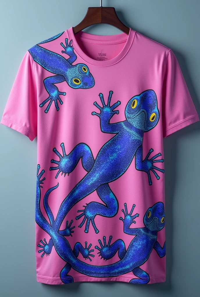 Plain t-shirt with lizard designs in purple and neon colors