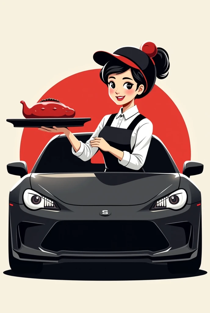 Waitress figure with black and red tray, sitting in the front of a black car for a logo