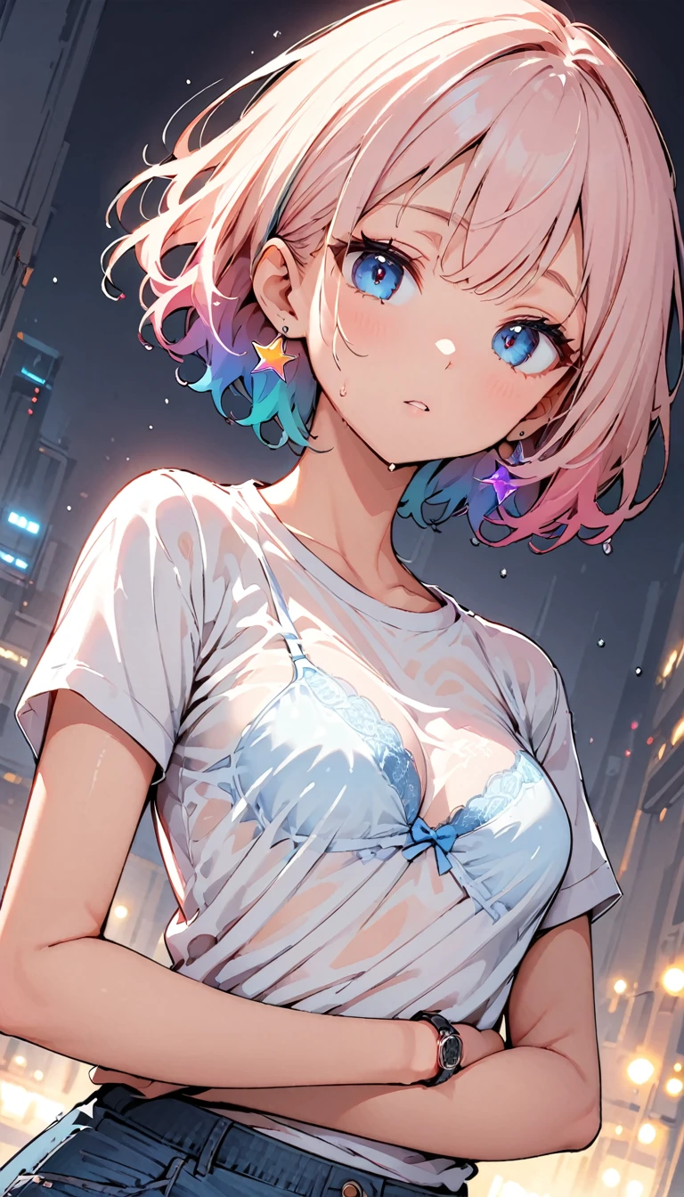 (high quality, 8k, 4K, High Contrast, masterpiece:1.2, 最high quality, Best aesthetics), (Dynamic Angle), ((1 female teen)), ((Plain and bright background)), ((Flat Color)),(Plain white T-shirt on the upper body), (jeans), Looking at the audience, Upper Body, Transparent Background, Sleepy eyes, High Contrast, Contrasting colors, Full Shot, Pale pink and blue lighting, ((Short Hair)) , Rainbow Hair, Small star-shaped earrings in both ears, watch, bright eyeshadow, Cool look, Small Tits, Wet T-shirt, The T-shirt is wet, so the lace pattern of the bra is visible through it., Angle of view with head space