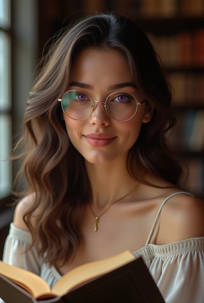 Wear glasses,Reading a book in the library,Gold frame round glasses, Wavy Hair、Very cute face、Long Hair、Long Hair、Soft Light,Sparkling eyes,Purple eyes、Captivating beauty、Attractive adult woman、Beautiful woman、Ultra-high resolution, Realistic,elegant,Grace Kelly,Elegant,actress,Beautiful Hair,Portrait facing the front、Golden Ratio,Highest quality,