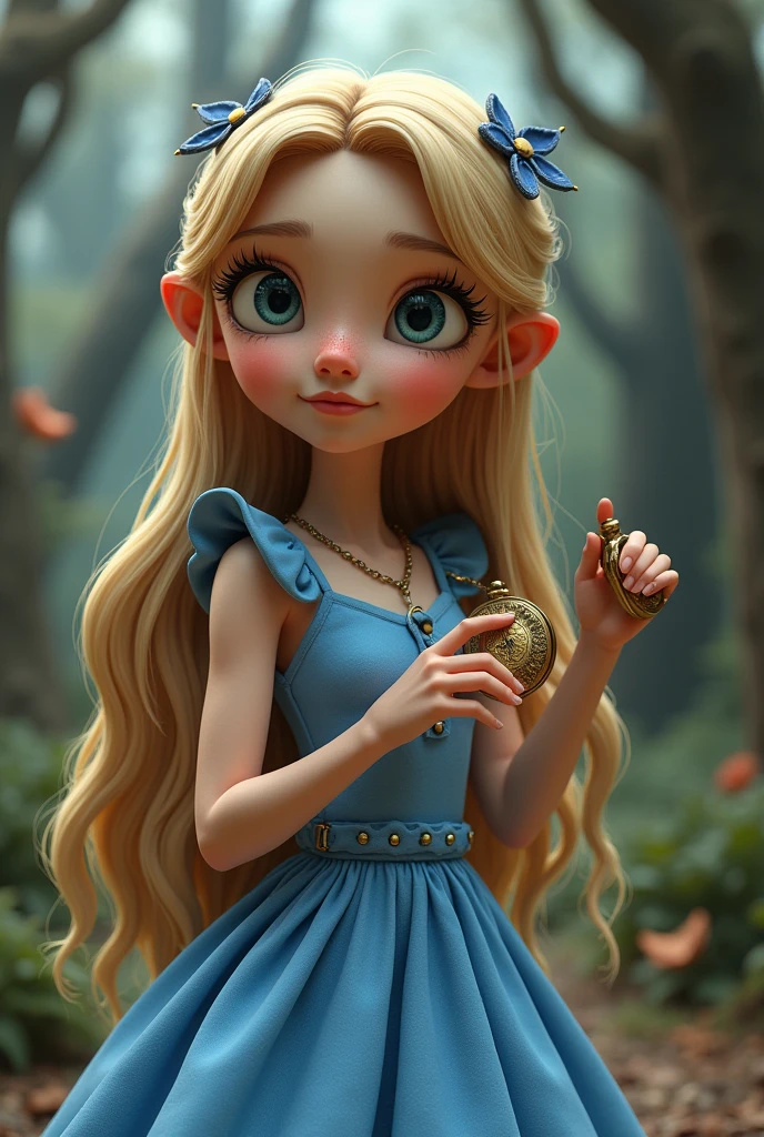 The image shows a cute, stylized version of Alice in Wonderland., with long blond hair and big blue eyes, wearing a blue dress.  Alice holds a golden pocket watch in her hand, suggesting the passage of time and the events of the story. The image is very detailed and has a 3D style., with realistic textures and natural lighting. 
