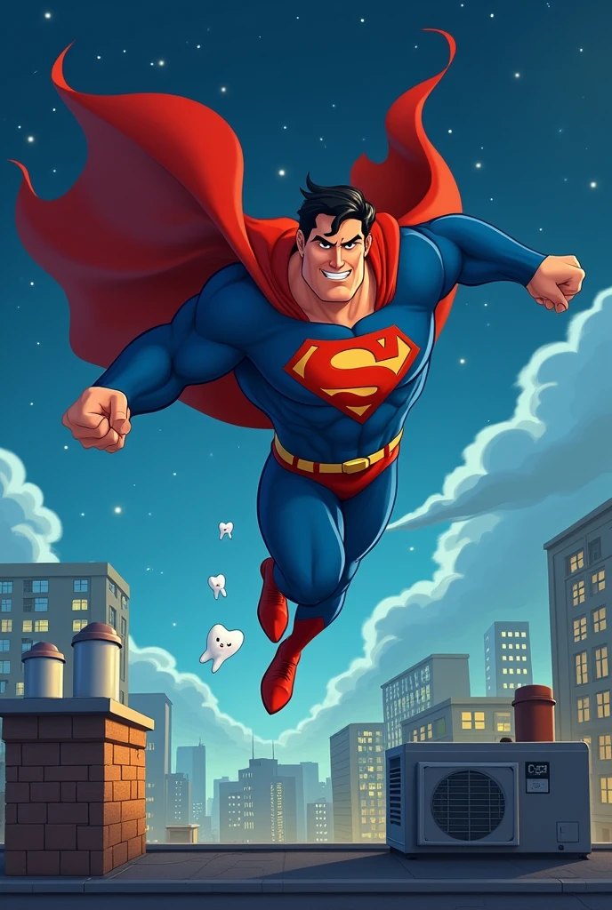 Animated superman flying over a roof and then his tooth falls out