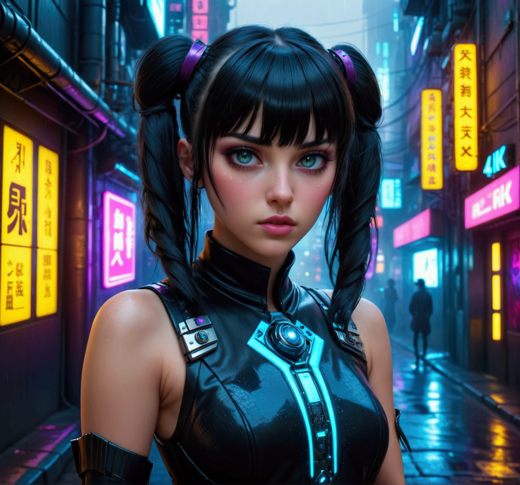 a beautiful caucasian girl with gray eyes,black hair with bangs and pigtails,nose ring,sensual dress,in a dimly lit cyberpunk city street background,(best quality,4k,8k,highres,masterpiece:1.2),ultra-detailed,(realistic,photorealistic,photo-realistic:1.37),detailed eyes,detailed lips,extremely detailed face,long eyelashes,portrait,cyberpunk,science fiction,moody lighting,neon lights,rainy,atmospheric,cinematic