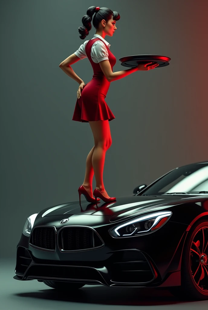 Waitress figure with black and red tray, sitting on the hood of a black car for a logo
