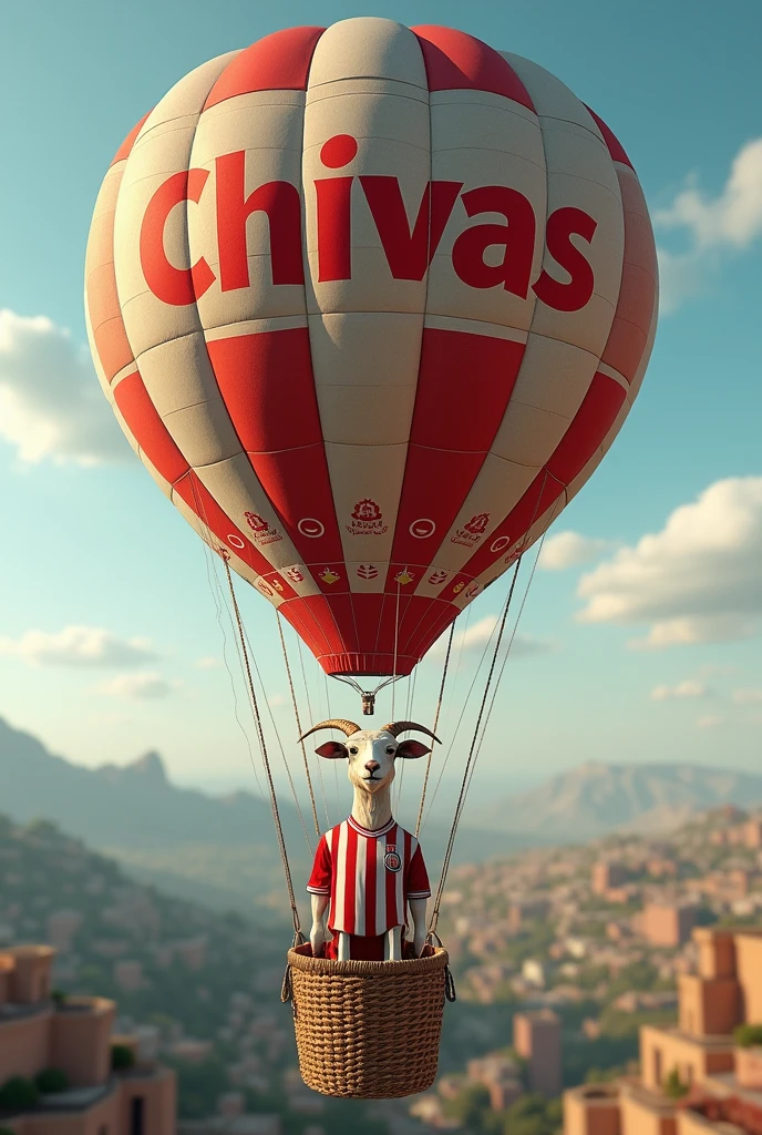 Hot air balloon with the name Chivas and inside the balloon a goat with clothes from the Chivas de Guadalajara soccer team