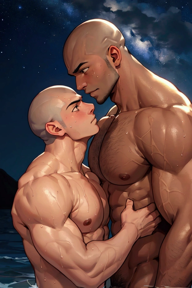 Two people are side by side、Perfect body、Perfect Arms、A large, muscular man in his 20s、With body hair、Highest quality、Perfect Eyes、Gay、Brown skin、Upper body naked、Shaved head、Embarrassed face、Night starry sky、Fighter、sweating、Your body is wet、Kind personality