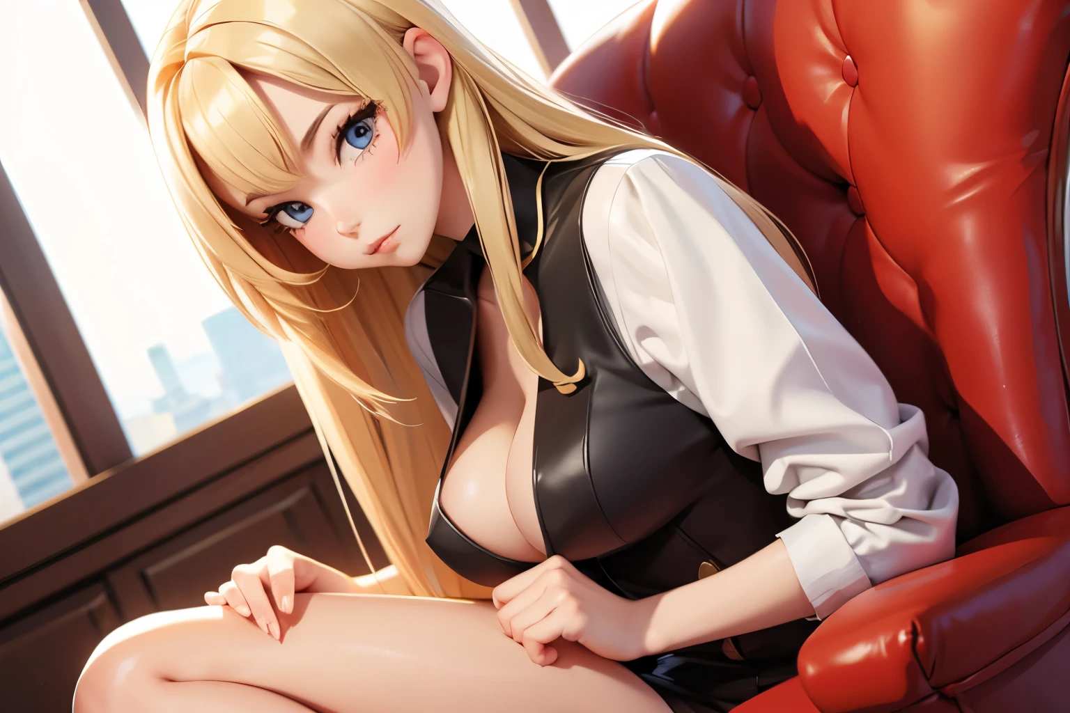 Sexy outfit Clothing Elegant, looking at camera Sitting in a chair Lady Blonde Anime Low Angle