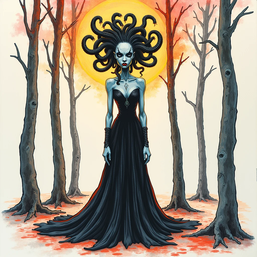An expressive over the shoulder unfinished cartoon sketch featuring a hairless figure Medusa in a maxi dress. MEDUSA has snakes on their head with accurate snake bodies, snake scales, and a snake tail rattle. The drawing includes ornate corpsepaint blackmetal facepaint, resembling Grace Jones. The style blends the art aesthetics of Sean Gordon Murphy and Joelle Jones with a rough sketch charcoal art style. The sketch shows rough-draft pencil lines underneath with bold lines over a rough-sketch inking, using an ink and charcoal blend. The scene is set in the pine barrens with sparse trees, emphasizing a candid, sorrowful expression. The sketch uses angular and expressive lines in an incomplete, unfinished style, evoking a sense of embering dim glow fiery decay. Colors include red, yellow, and blue (RYB coloring), (sfw), clothed. --no polished --no clean --no detailed --no smooth --no refined
