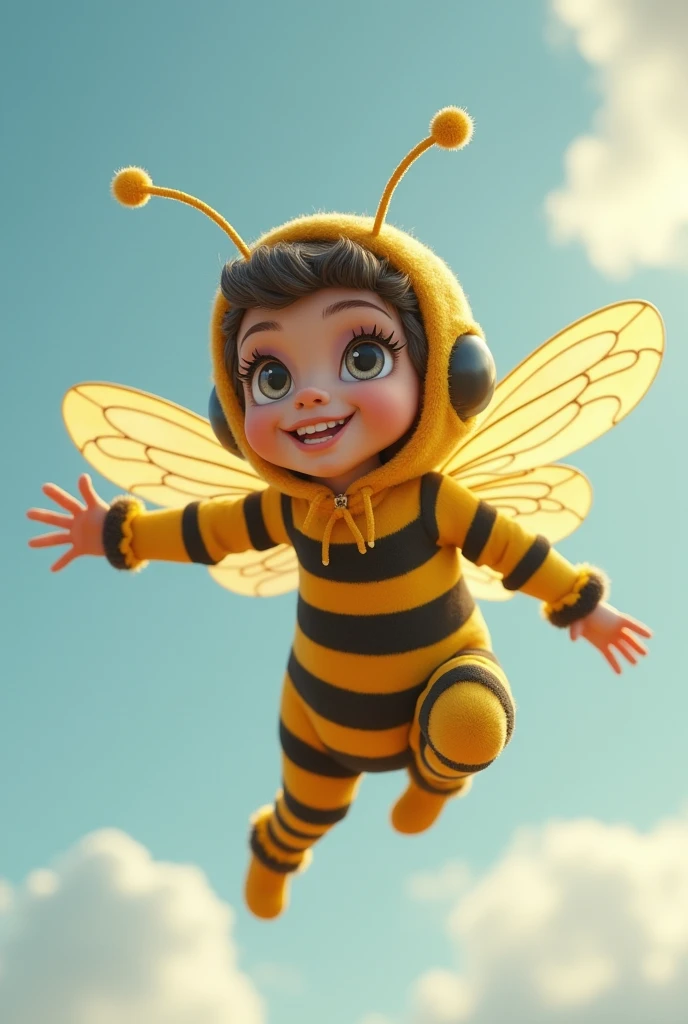 30-year-old woman with dwarfism dressed as a bee (make it fly (Give it the facial features of a person with dwarfism.)(that comes out in full body) (in plane looking to one side, but not in profile) and a pose that is flying like a real bee (flying with its wings (I don&#39;t mean that she&#39;s on a plane., I mean she&#39;s flying like a fairy but dressed as a bee.)