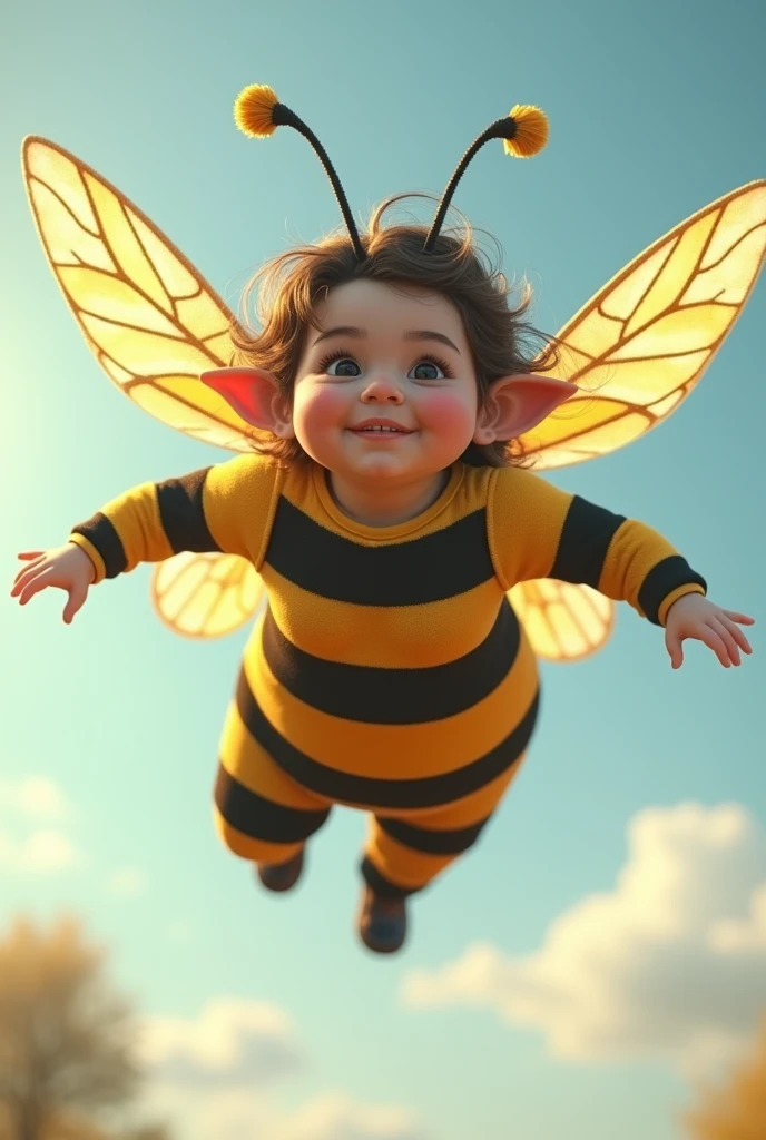 30-year-old woman with dwarfism dressed as a bee (make it fly (Give it the facial features of a person with dwarfism.)(that comes out in full body) (in plane looking to one side, but not in profile) and a pose that is flying like a real bee (flying with its wings (I don&#39;t mean that she&#39;s on a plane., I mean she&#39;s flying like a fairy but dressed as a bee.)