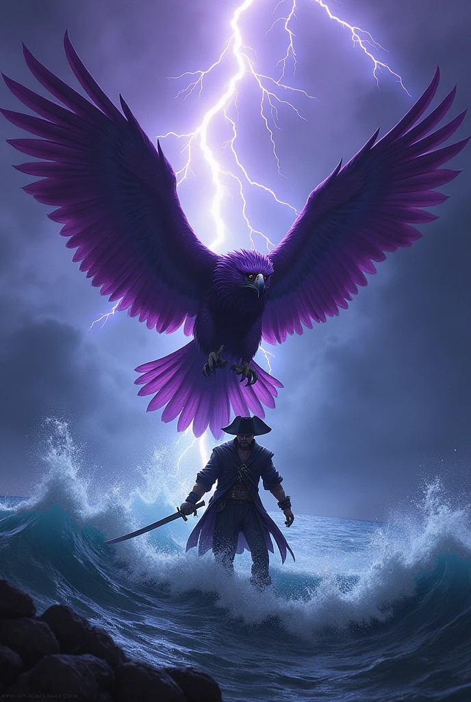 A purple eagle attacking a pirate with the rough sea and dark sky with lightning and thunder 