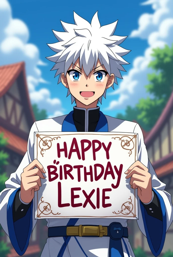 gojo satoru from jujutsu kaisen with a sign that says happy birthday lexie (It's not your birthday)