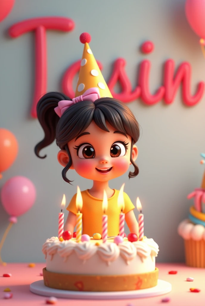 Cute girl happy birthday Infront of cake. background text her name TASIN