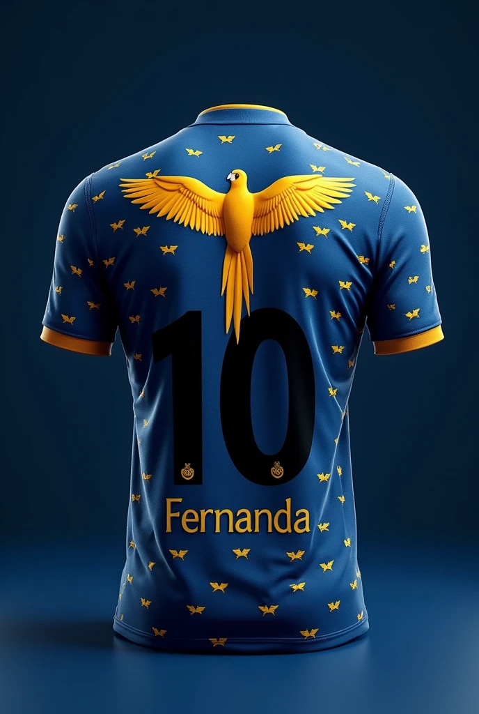 Dark blue football shirt Back Several super small macaws in light blue all over the shirt On the back a large open golden macaw flying in the center of the shirt Black number ten on top of the macaw And the name Fernanda at the bottom