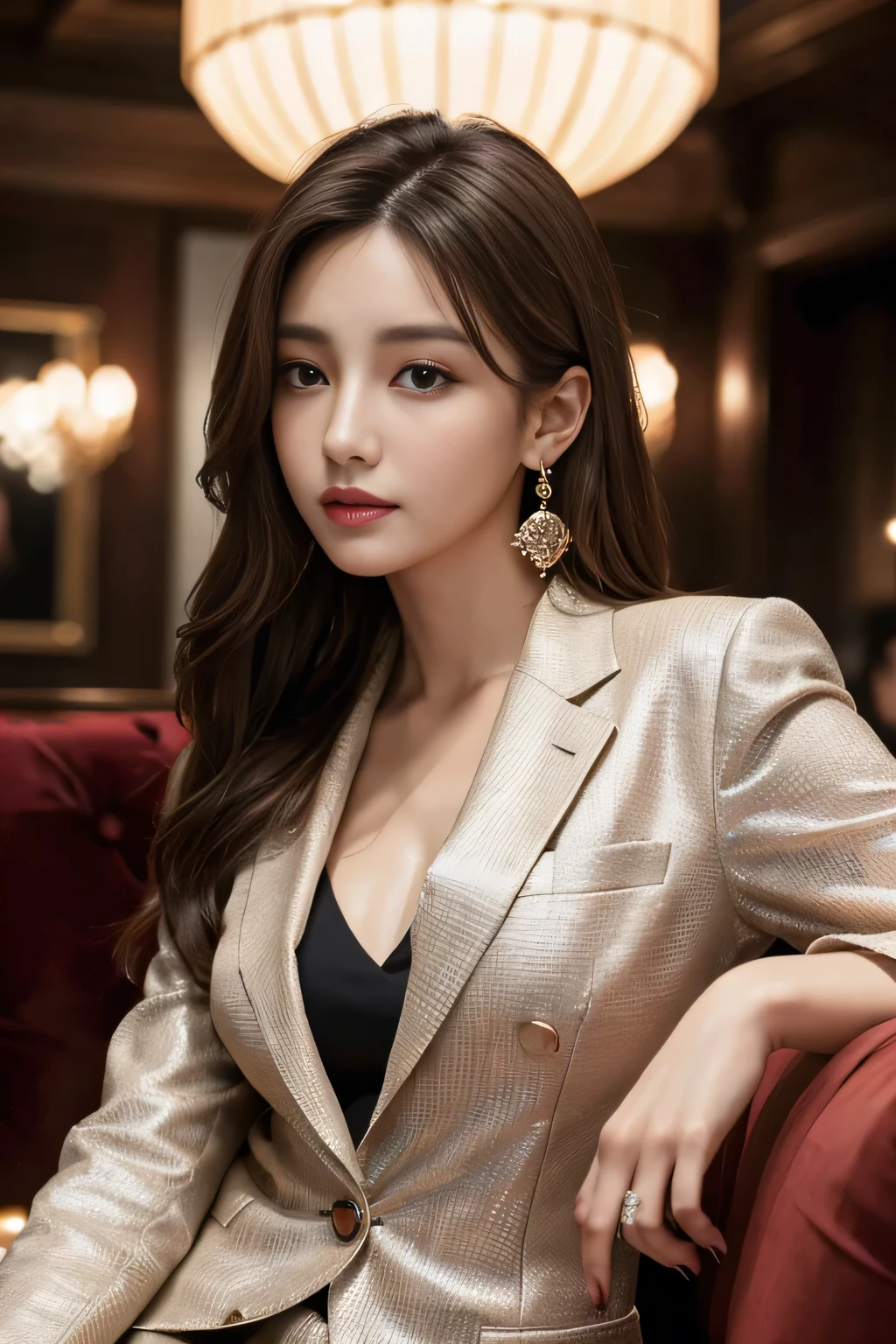 masterpiece, Highest quality, Realistic, Very detailed, Finer details, High resolution, 8k wallpaper, One beautiful woman, Wear a nice suit, In a great restaurant, At night, Light brown messy hair, Perfect dynamic composition, Beautiful and beautiful eyes、Big earrings、Sit on the sofa