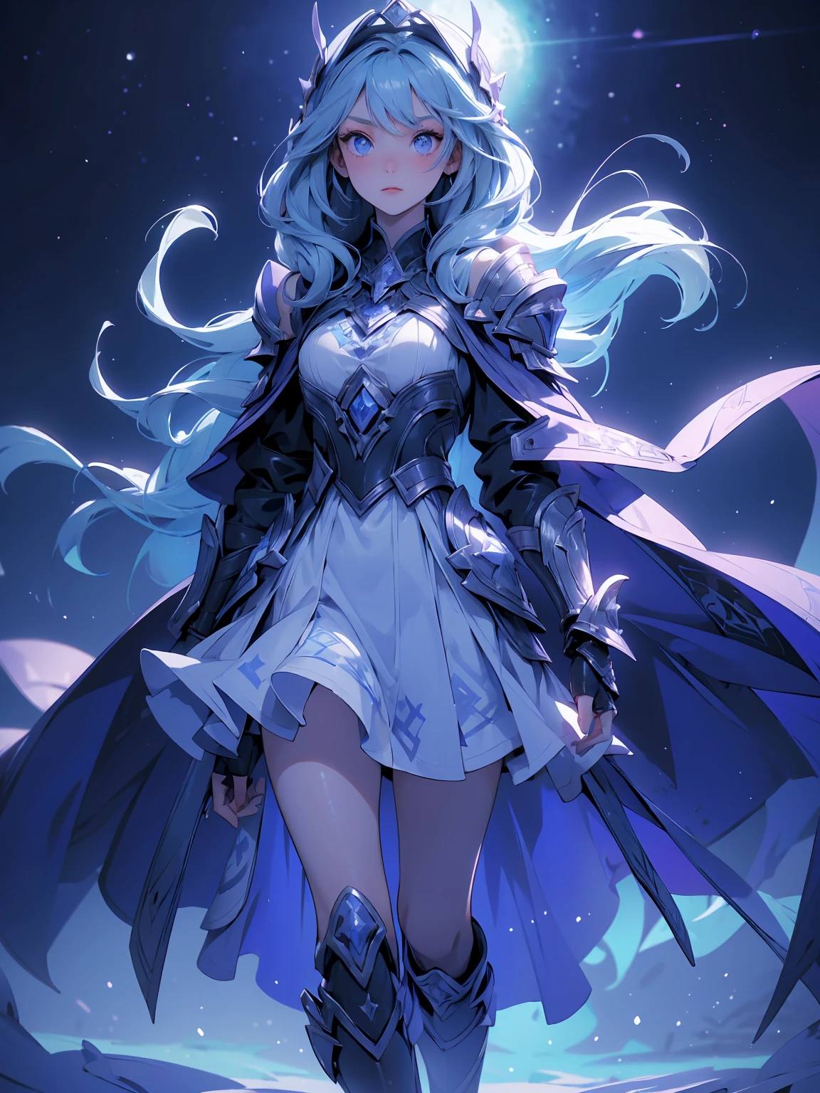 (((masterpiece, best quality, 8k))) full-body shot of a hooded girl with a perfect face, standing on a reflective ground. She is holding a source of blue and purple light energy, with many particles surrounding her. The environment is dark and misty, with the only source of light coming from the energy and particles, all glowing in blue and purple tones. The atmosphere is mysterious and otherworldly, with a misty haze drifting around her feet. Her face is partially obscured by the hood, and her eyes are focused intently on the luminous orb in her hands, astronomy back ground
